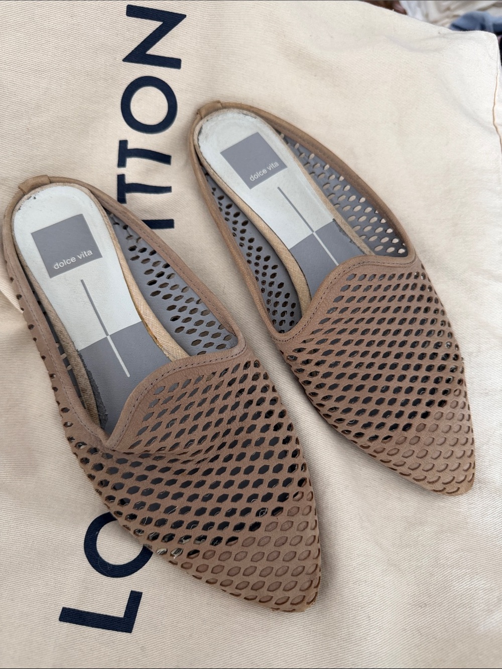 Dolce Vita Taupe Perforated Pointed Slip-On Mules